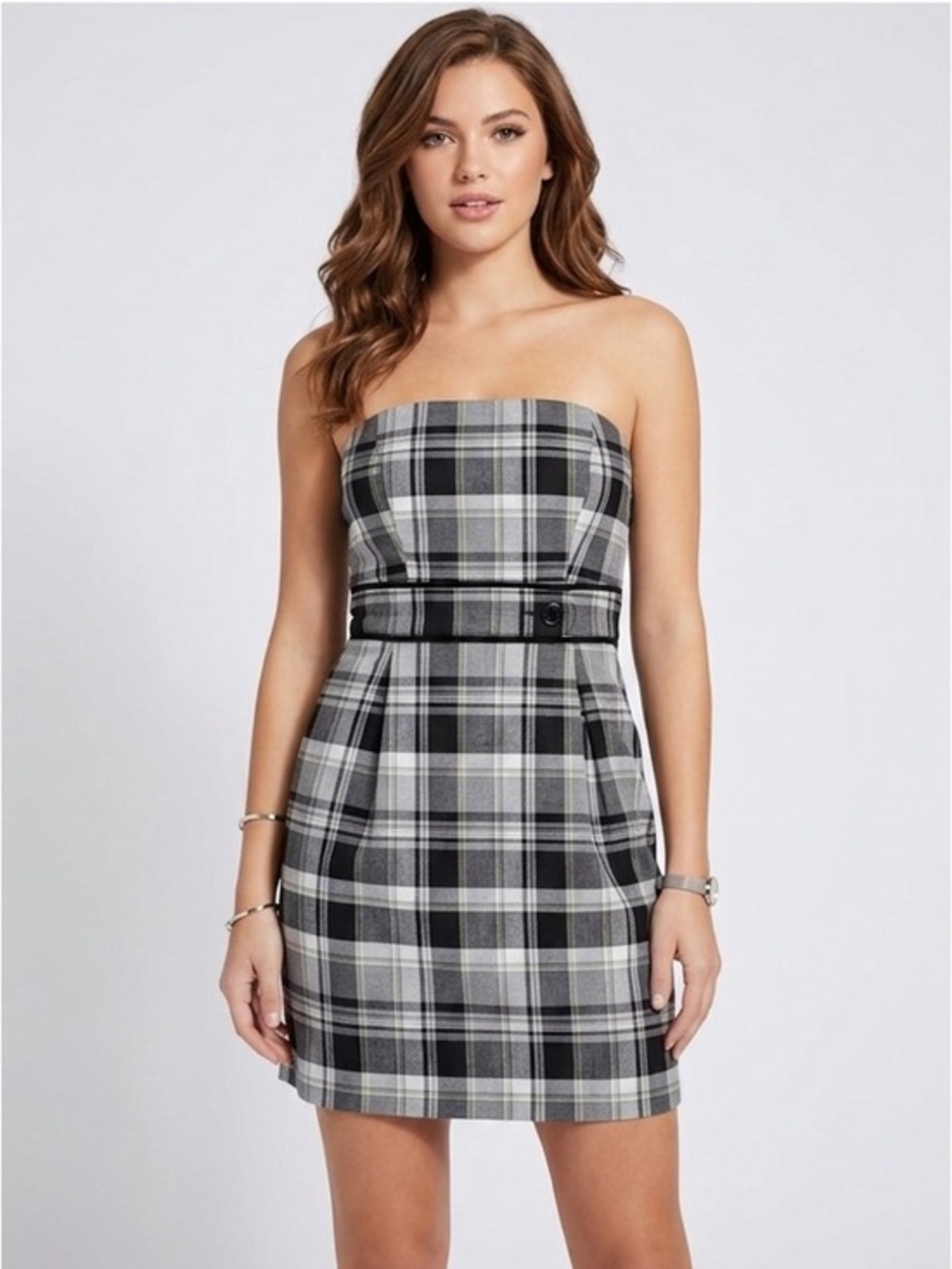 New Guess Black & Cream Plaid Strapless Mini Dress Size 5